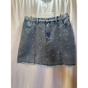 Denim Mini Skirt | Embroidered Bow Detail | Size Large | Elastic Back Waist